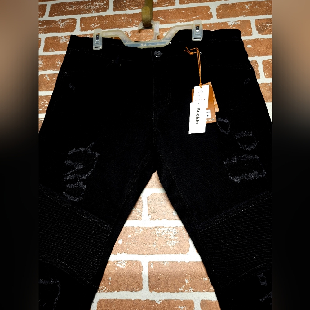 Crysp Denim distressed black denium jeans size 36x32 biker jeans